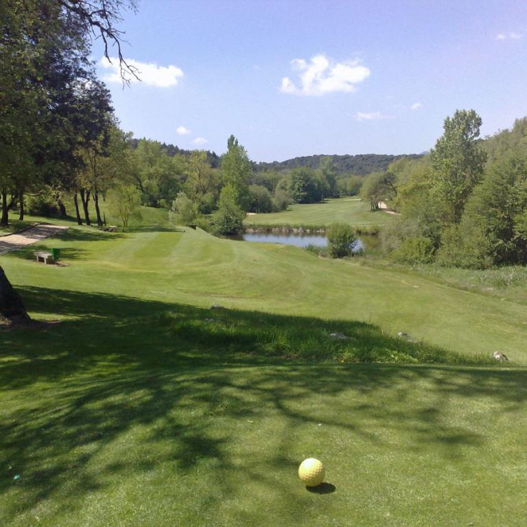 Ein Golfplatz bei Sonnenschein mit einem Golfball im Vordergrund, der zu einem Gewässer und einem bewaldeten Hintergrund führt.