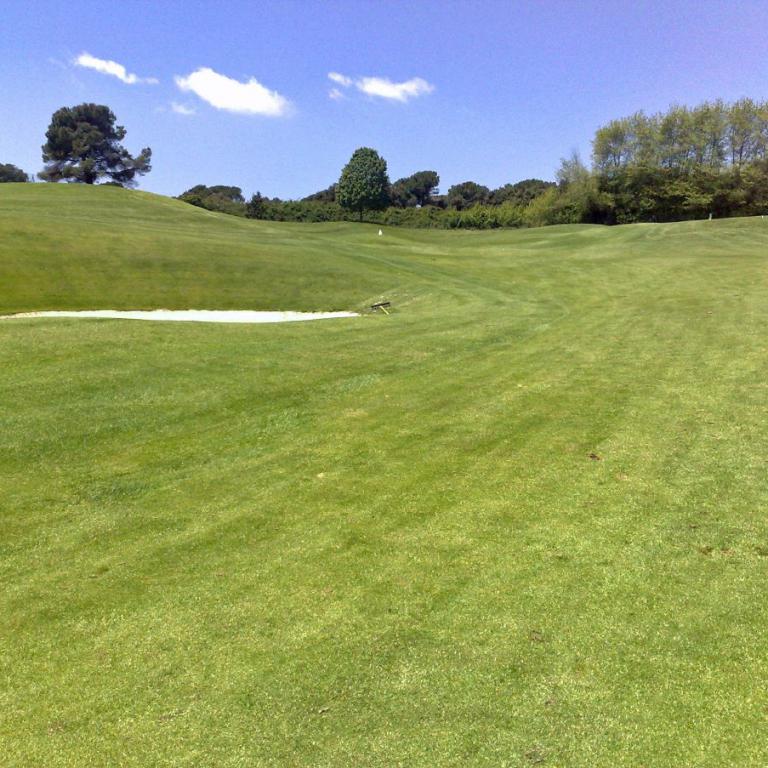 Weitläufiger Blick auf einen perfekt gepflegten Golfplatz mit Sandbunker und Bäumen im Hintergrund.