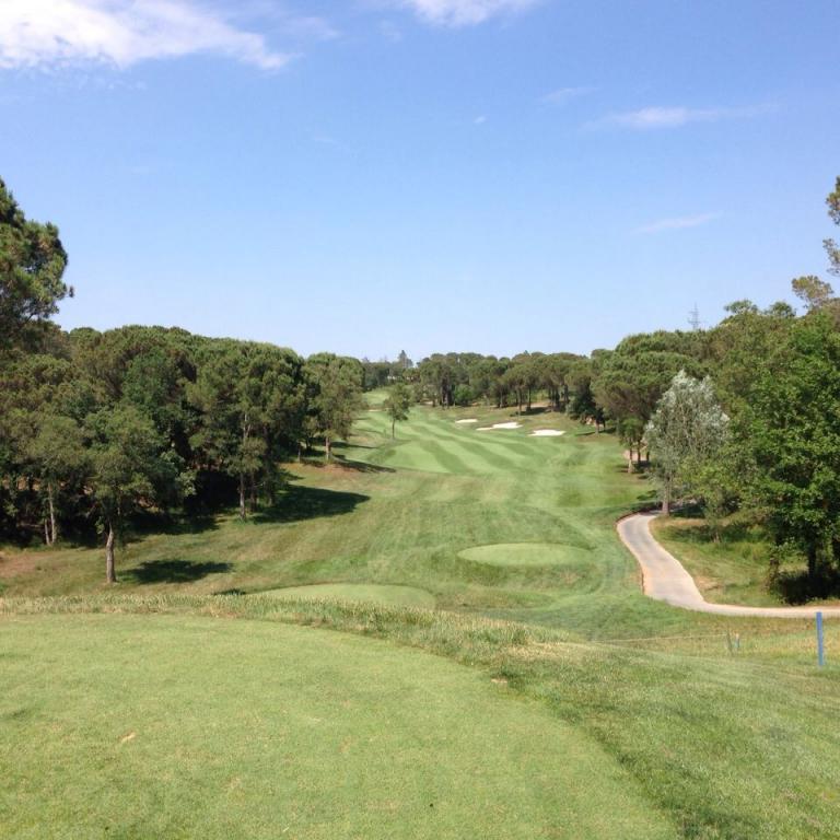 Eine weite Golfplatzszene unter blauem Himmel mit Bäumen und einem Weg.