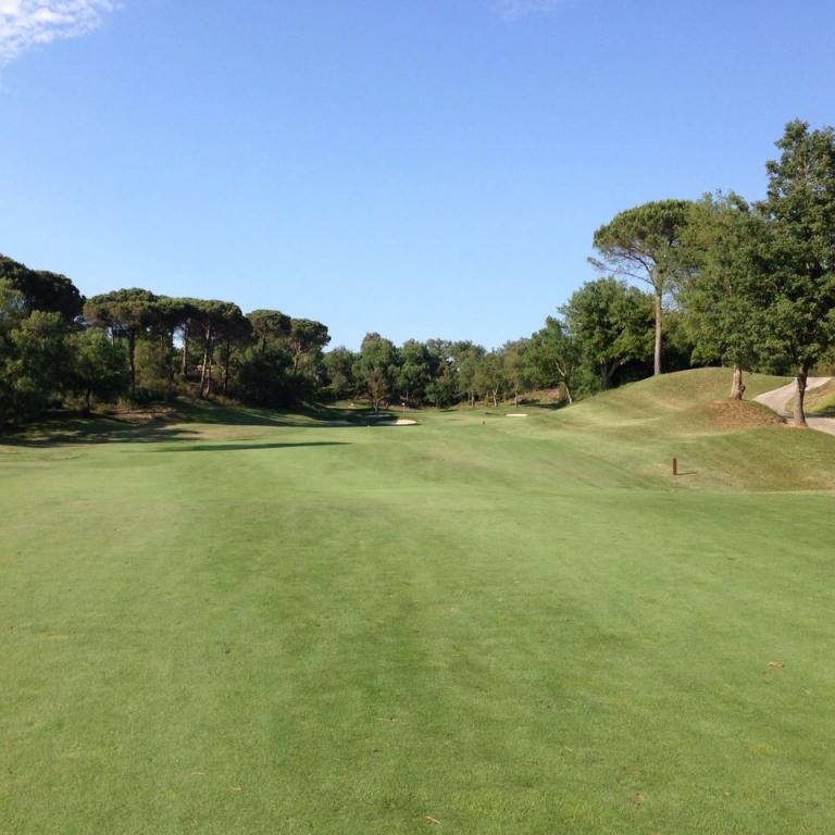 Weitläufiger Blick auf einen Golfplatz mit sattgrünem Rasen, Bäumen und blauem Himmel.