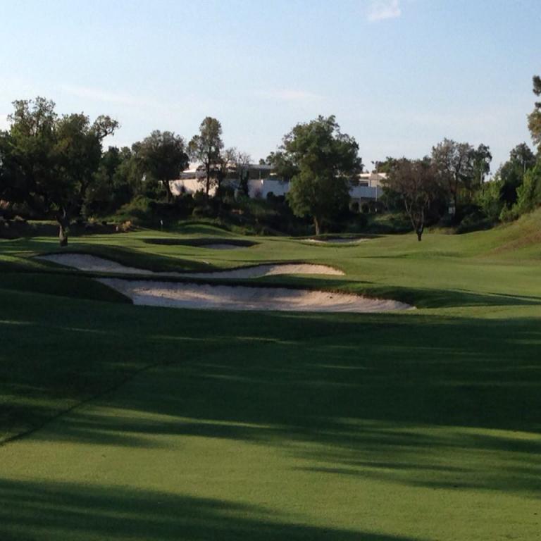 Ein grüner Golfplatz mit Sandbunker, Bäumen und einem weitläufigen Himmel im Hintergrund.