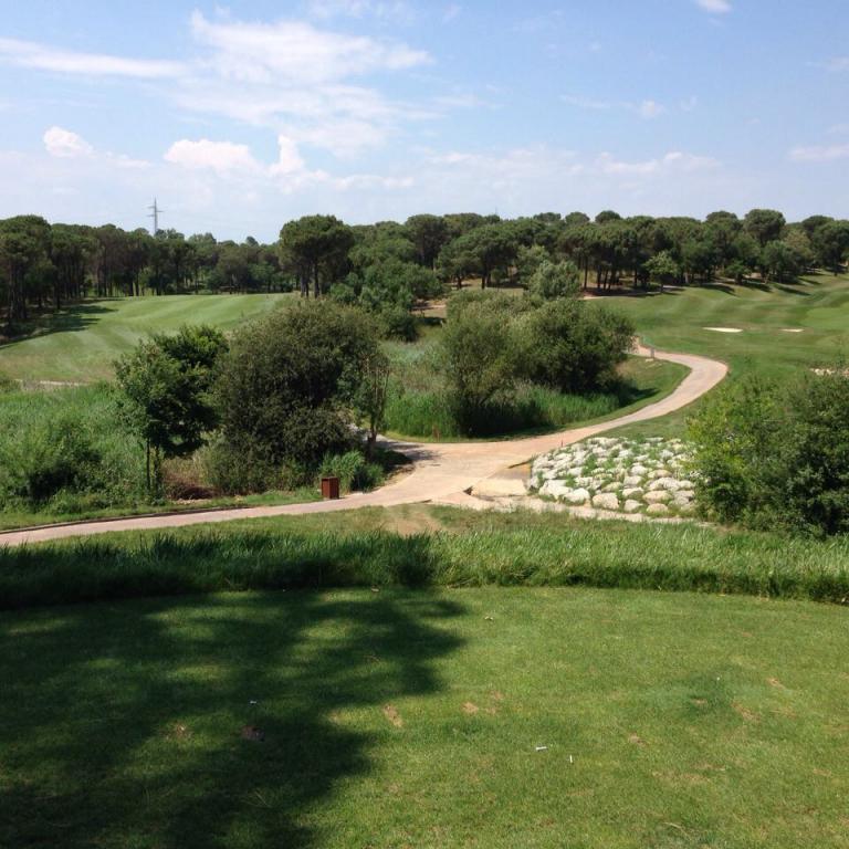 Panoramablick auf einen Park oder Golfplatz mit Wegen, Bäumen und einer gepflegten Rasenfläche.