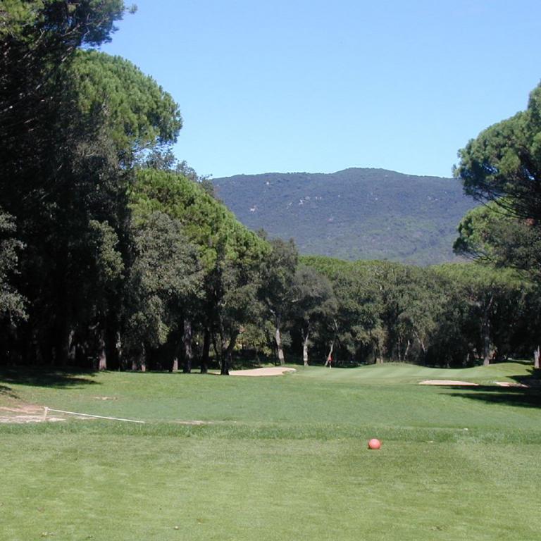Ein Golfplatz mit viel Grün, umgeben von hohen Bäumen, und im Hintergrund eine bewaldete Hügellandschaft unter blauem Himmel.