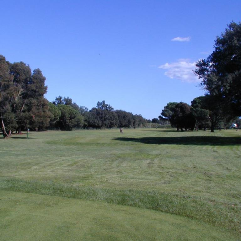 Weite Grünfläche eines Golfplatzes unter blauem Himmel mit Bäumen am Horizont