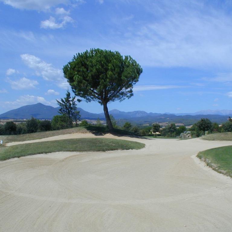 Ein Golfplatz mit einer großen Sandfläche, einem einzelnen Baum im Zentrum und einer Bergkulisse unter blauem Himmel.