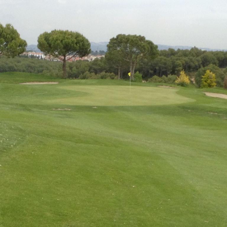 Weitwinkelaufnahme eines sehr gepflegten Golfplatzes mit Wald und Blick in die Ferne.