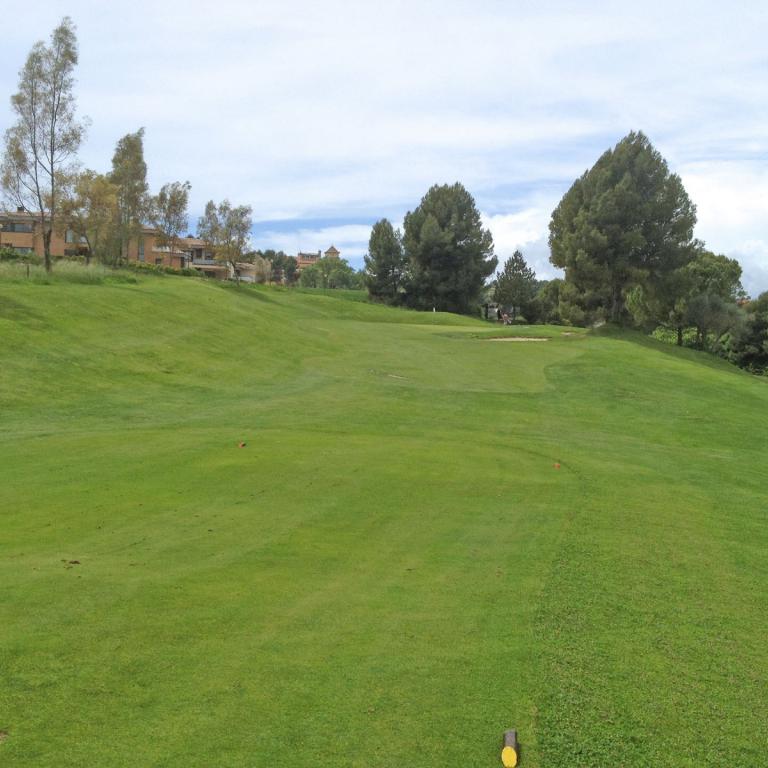 Eine weite Aufnahme eines Golfplatzes mit sanft ansteigendem grünem Rasen, Bäumen und einem bewölkten Himmel.