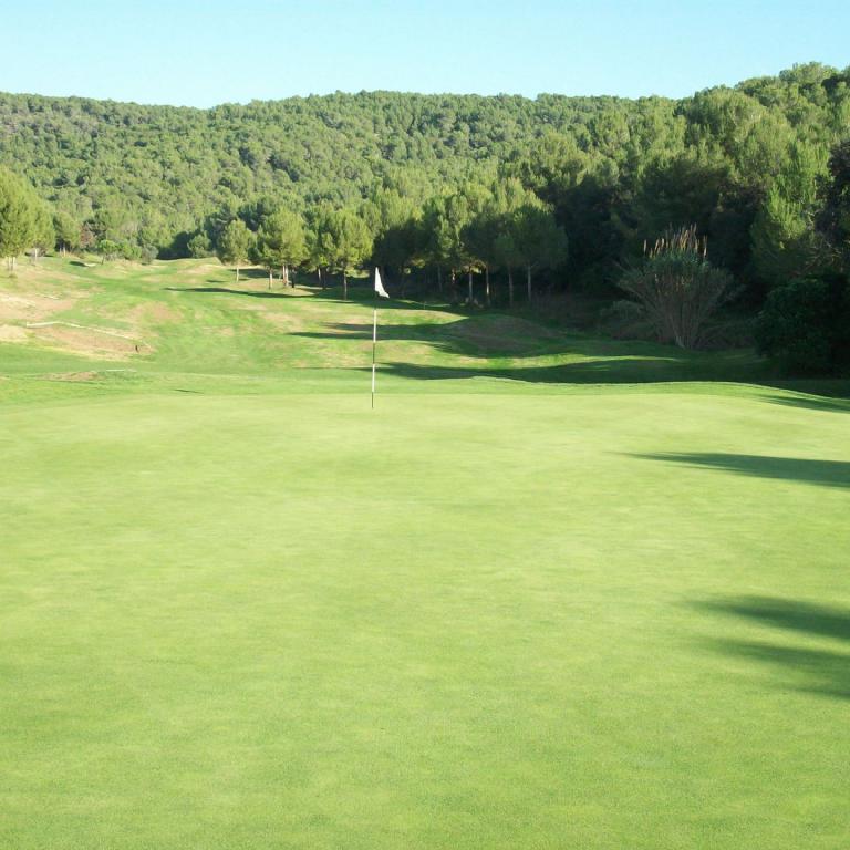 Weite, gepflegte Rasenfläche eines Golfplatzes mit Blick auf eine bewaldete Hügellandschaft.