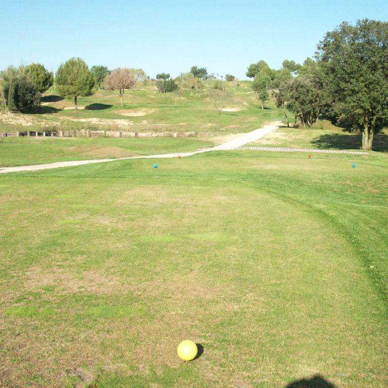 Weitläufiger Blick auf einen gepflegten Golfplatz mit einem Golfball im Vordergrund.