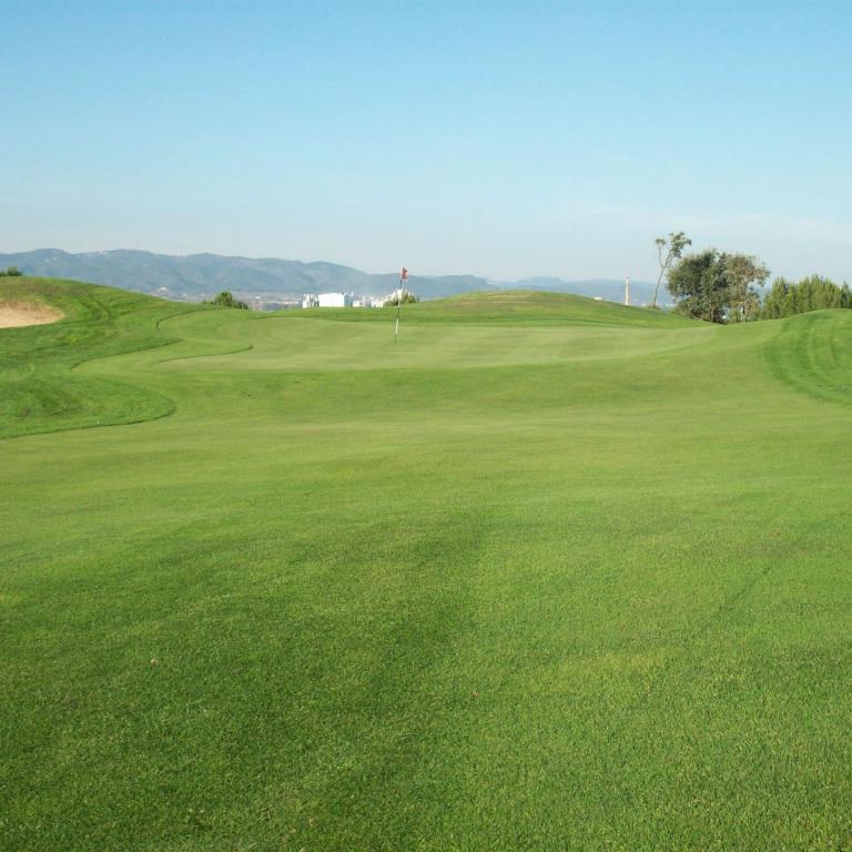 Eine weitläufige Grünfläche auf einem Golfplatz unter einem hellblauen Himmel.