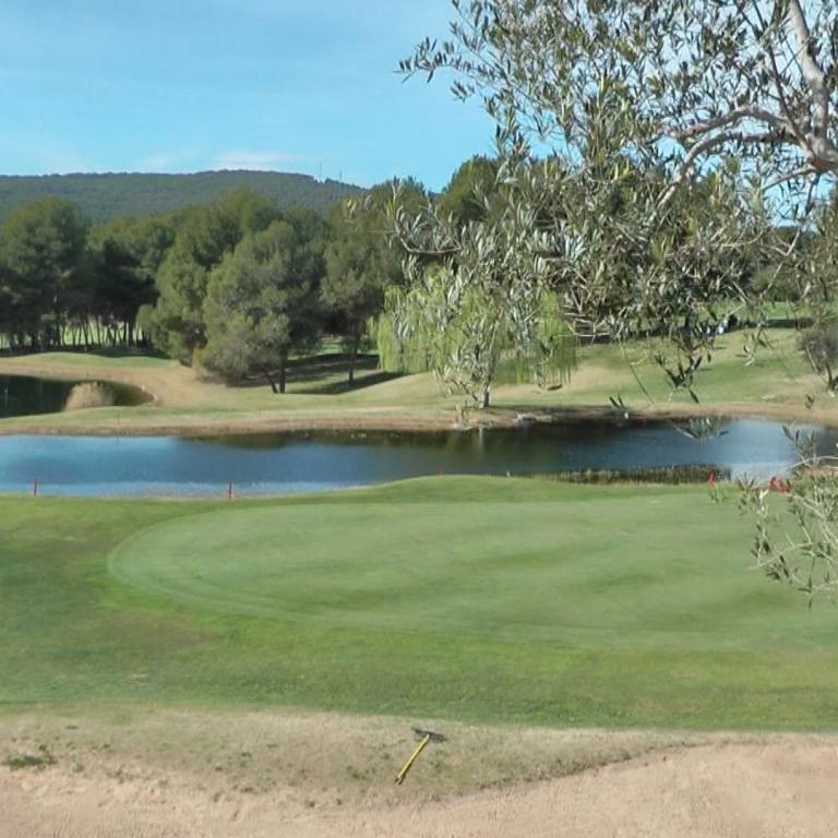 Eine weitläufige Golfszene mit einem Wasserhindernis, einem Grün und einem bewaldeten Hintergrund.