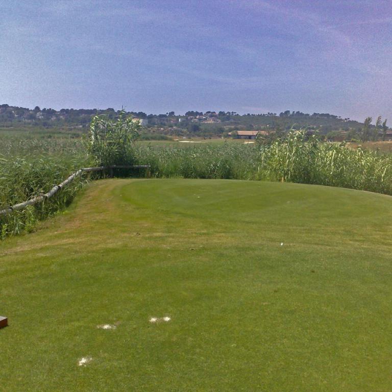 Ein Grün eines Golfplatzes mit Blick auf eine dahinterliegende Landschaft unter blauem Himmel.