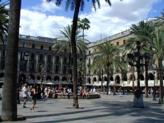 Ein großer, sonniger Stadtplatz, umgeben von historischen Gebäuden und hohen Palmen.
