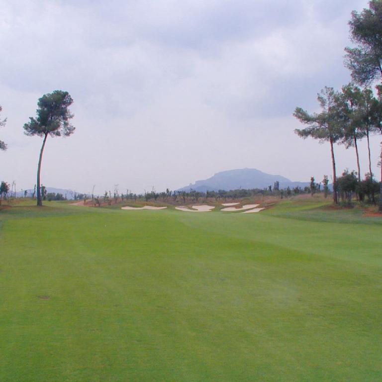 Ein weite Aufnahme eines Golfplatzes mit Pinienbäumen und einem Bergpanorama unter bewölktem Himmel.